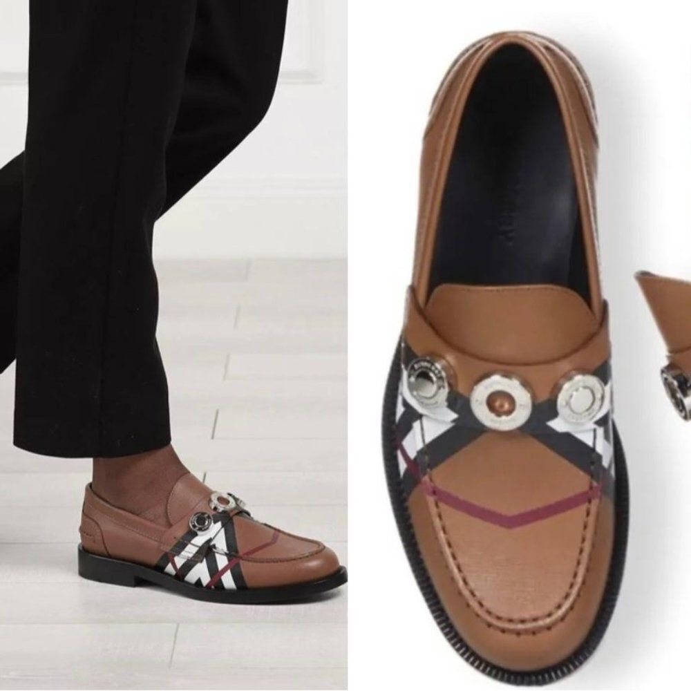 BURBERRY Women's Broadbrook Brown Nova Check Silver Hardware Loafers Siz…